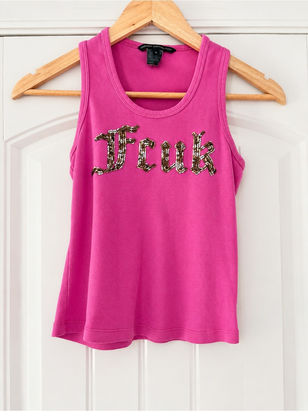 French Connection Hot Pink Sequin Logo Tank Crop Top